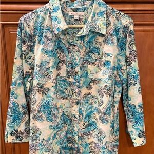 Studio Works Blue and Cream Floral Blouse Size Large